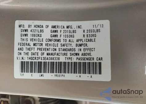 2014 Honda Accord Sport z USA, uszkodzony, nr VIN 1HGCR2F53EA088336